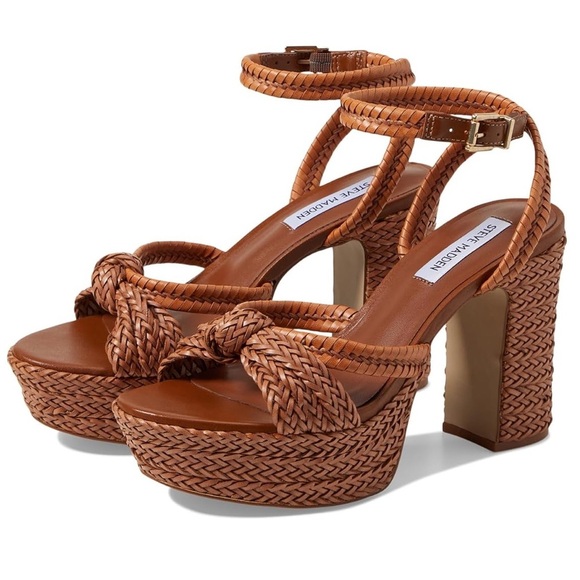 Steve Madden Ibiza Cognac Brown Leather Woven Platform Heels Size 9 - Picture 1 of 15